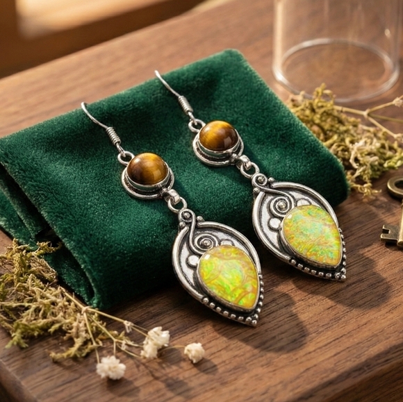 S925 Silver Tiger's Eye Triplet Opal Earrings 2.8" Handcrafted Boho Artisan Drop - Picture 10 of 16